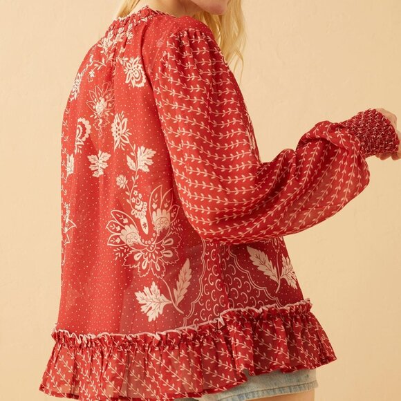 Bohera Floral Peasant Blouse Sheer Long Sleeve Ruffle Hem Tassel Tie Top XL - Picture 3 of 10